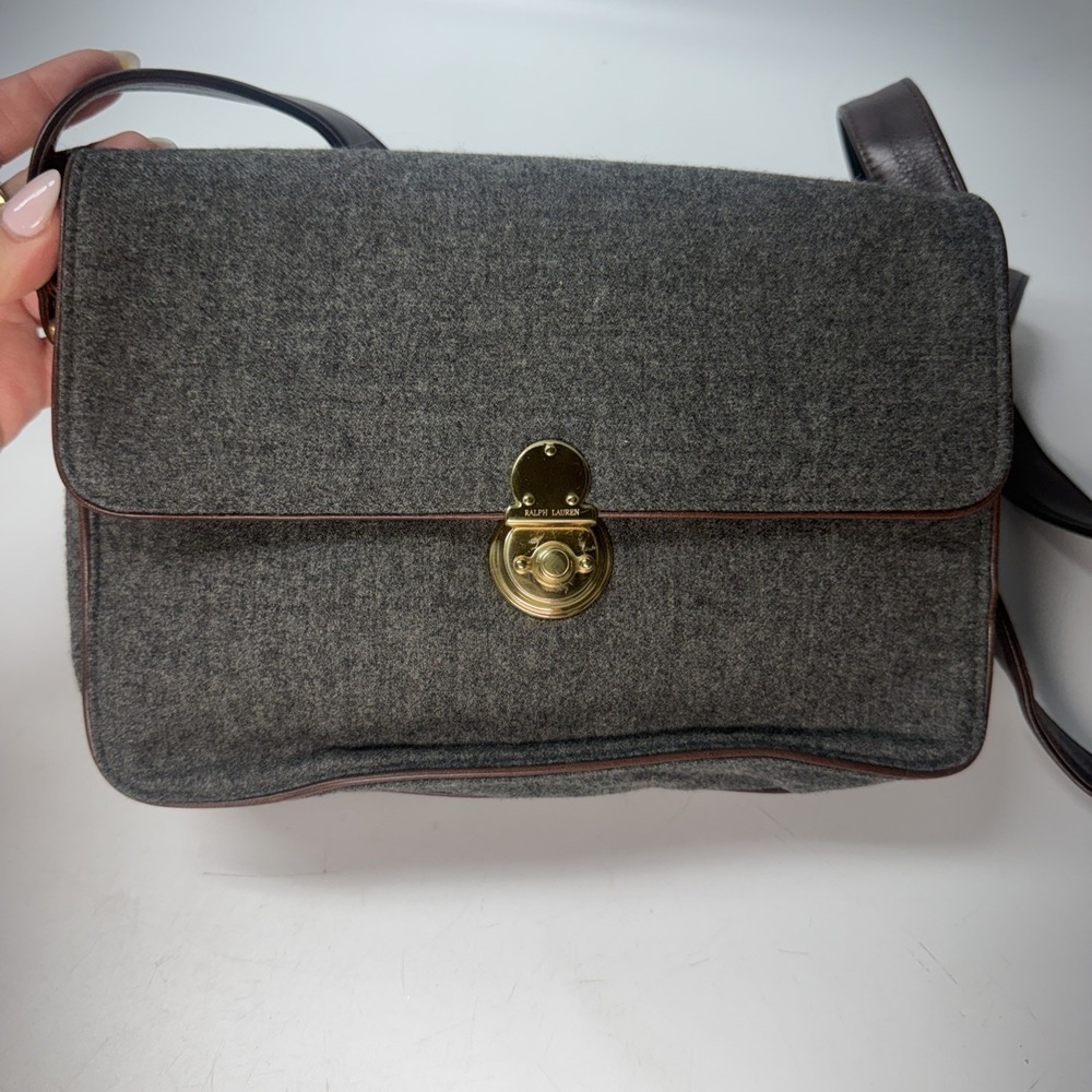 Vintage Ralph Lauren Gray Felt/wool Crossbody Turn Lock Korea Leather Gold